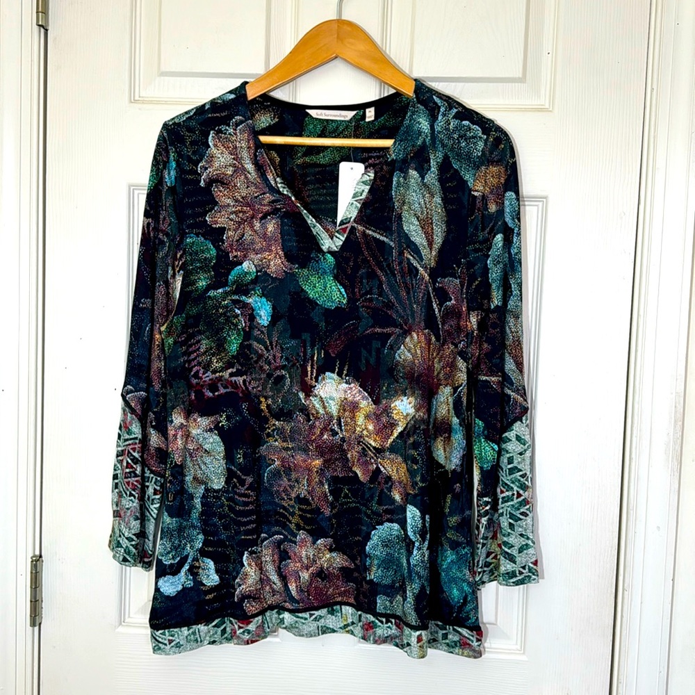 NWT Soft Surroundings Black Floral Tunic Top Size Large Petite